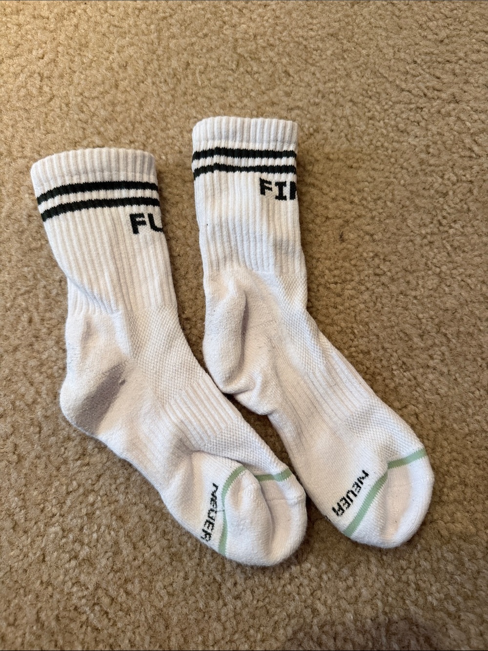 Tuckernuck White Crew Socks with Black Stripe Detail- Find the Fun logo socks